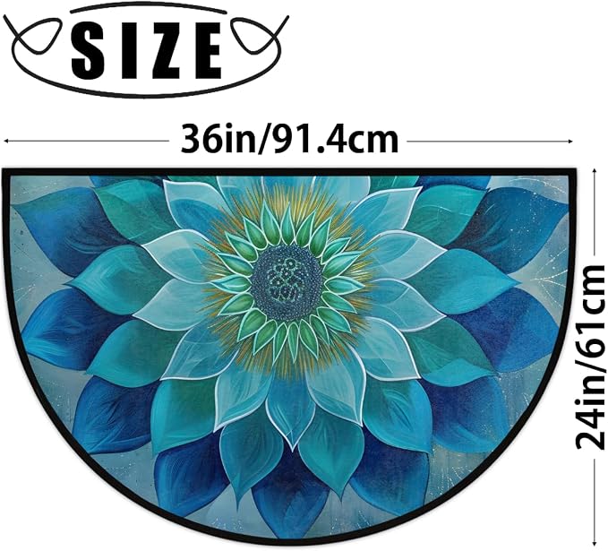Teal Mandala Half Round Door Mat Non Slip Half Circle Rugs | Ethnic Flower Washable Half Moon Rug Semi Circle Rugs Indoor Entrance Floor Carpet for Kithen Bedroom Fireplace Decor