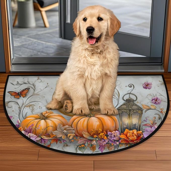 Pardick Half Round Door Mat Moon Pumpkin Butterfly Anti-Slip Semi Circle Rug 24X36 Entrance Welcome Mats Indoor Outdoor Door Mat, Washable Decorative Floor Mats for Kitchen Bathroom Hearth Fireplace