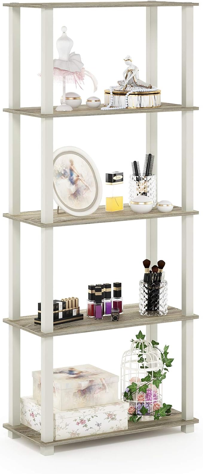 Furinno Turn-N-Tube 5-Tier Multipurpose Shelf / Display Rack / Storage Shelf / Bookshelf, Square Tubes, Sonoma Oak/White | Tool-Free Storage Shelves with Square Tubes, Shelving Unit, for Organization and Storage, for Living Room, Home Office