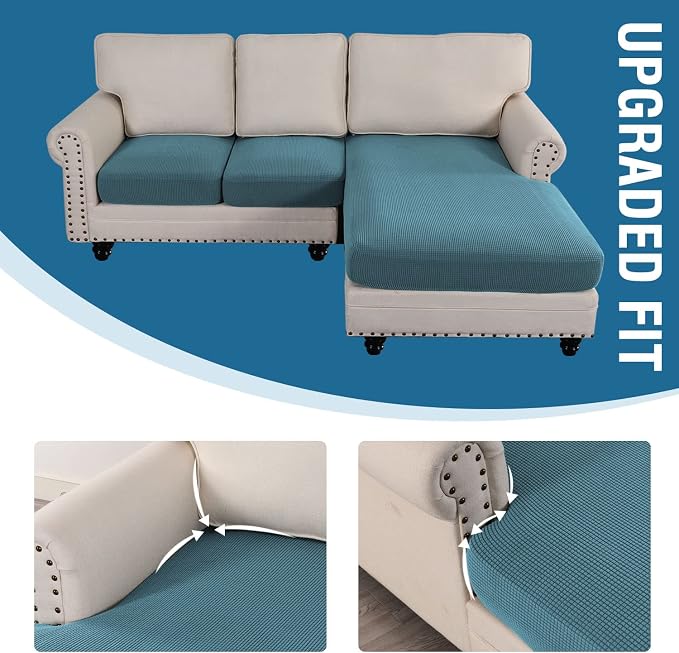 H.VERSAILTEX Sectional Couch Covers 3 Pieces Sofa Seat Cushion Covers L Shape Separate Cushion Couch Chaise Cover for Both Left/Right Sectional Couch (Seat Only: 1 Chaise + 2 Sofa, Storm Blue)