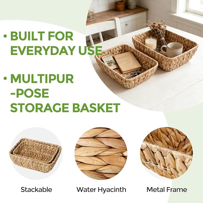 Small Wicker Baskets Set of 2, Hand Woven Water Hyacinth Basket 2 Pack