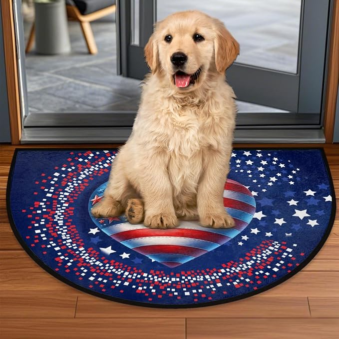 USA Flag Half Round Doormat Semi Circle Rug Half Moon Rug Entryway Mat | Heart Washable Non Slip Outdoor Floor Rug Kitchen Mat for Indoor Outdoor Bathroom Fireplace Bath Decor
