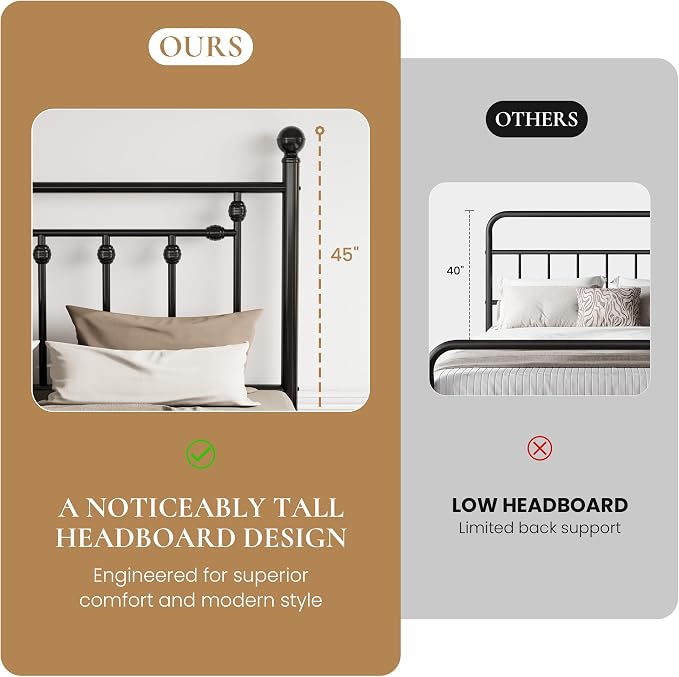 SHA CERLIN 14" Twin Size Metal Platform Bed Frame/Victorian Headboard and Footboard/Steel Slats Mattress Foundation for Storage/No Box Spring Needed/Noise Free/Black