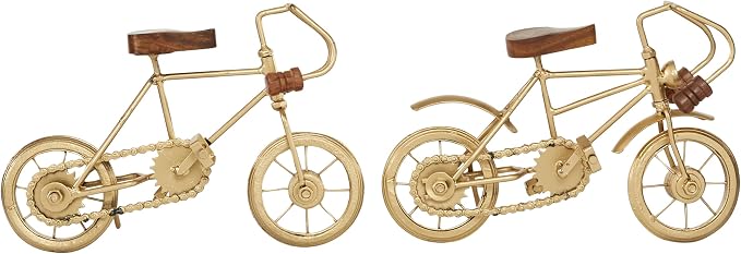 Deco 79 Metal Bike Decorative Sculpture Home Decor Statues with Wood Accents, Set of 2 Accent Figurines 10" x 5" x 7", Gold