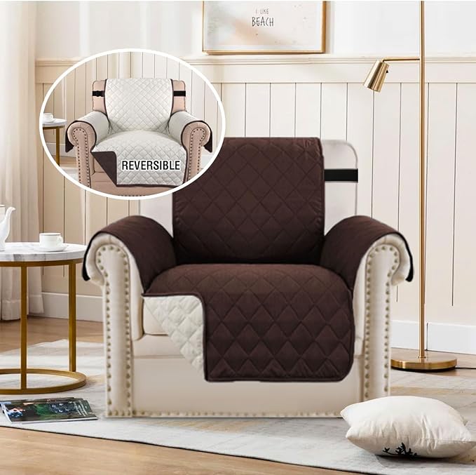 H.VERSAILTEX Chair Slipcover Reversible Chair Cover for Dogs Water Resistant Chair Cover for Living Room Washable Furniture Protector Cover Seat Width Up to 21"(Armchair, Brown/Beige)