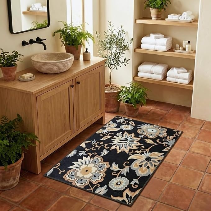 Floral Washable Entry Rug 2x3, Water Resistant Non Slip Ultra Thin Vintage Doormat, Throw Stain Resistant Small Kitchen Rug Indoor, Black Print Boho Cute Carpet, for Bedroom, Entryway, Laundry Room