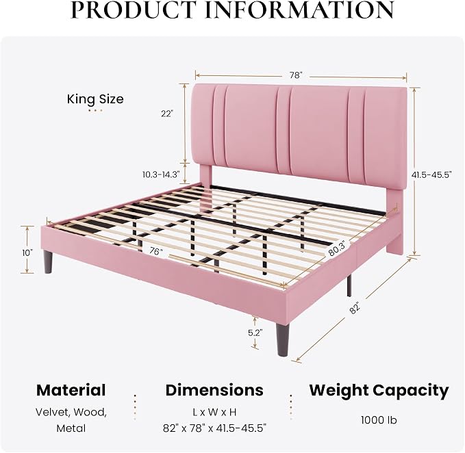 SHA CERLIN King Size Velvet Bed Frame with Adjustable Headboard, Pink | Vertical Channel Tufted Design, Upholstered Platform Bed, Wood Slats Support/No Box Spring Needed/Easy Assembly