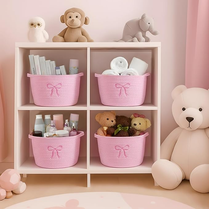 Vesici 3 Pcs Pink Bow Small Baskets Coquette Bow Woven Cotton Rope Storage Basket 9.7'' x 7.1'' Laundry Organizer with Handles for Toys Clothes Organization Nursery Bedroom