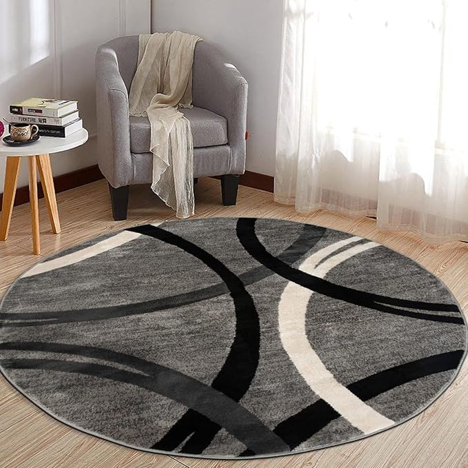 Rugshop Wavy Circles Jute Backing Living Room Bedroom Round Rug Gray 6'6" | Round, Size 6'6", Dining Room, Home Office, Kitchen, Entryway, Hallway, Nursery, Kids Room, Guest Room, High Traffic Area