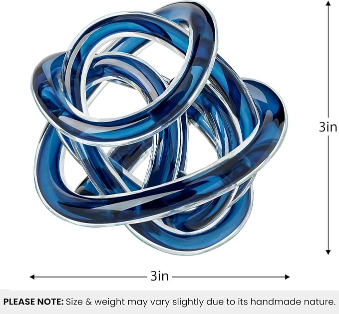 Torre & Tagus Orbit Hand Blown Glass Infinity Knot Sculpture - 3 Inch Glass Art Blue Knot Decor Ball for Home Decor, Small Centerpiece Table Decoration for Home Interior (Indigo Blue)