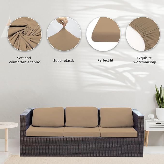 8Pcs Stretch Patio Cushion Covers,Outdoor Couch Covers Replacement,Outdoor Couch & Sofa Slipcovers,for Patio Furniture Cushion Covers,Washable Reusable Furniture Protector (Khaki, Cover Only)