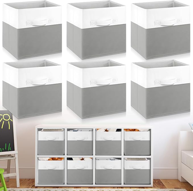 Yinder 6 Pcs Cube Storage Bin White Gray 10.5''x10.5''x11'' Storage Bins for Playroom Decor Colorful Bins for Kids Foldable Baskets for Nursery Organizer Boxes Fabric Boxes