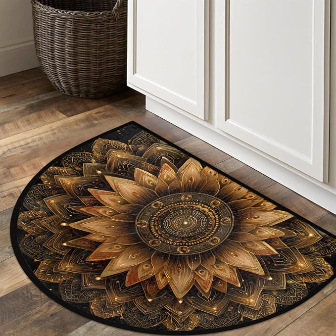 Mandala Golden Vintage Half Round Door Mat Non-Slip Semi Circle Rug Washable Half Moon Floor Rug Absorbent Bathroom Area Rugs for Outdoor Indoor Fireplace Mat Entryway Kitchen Decor Rugs