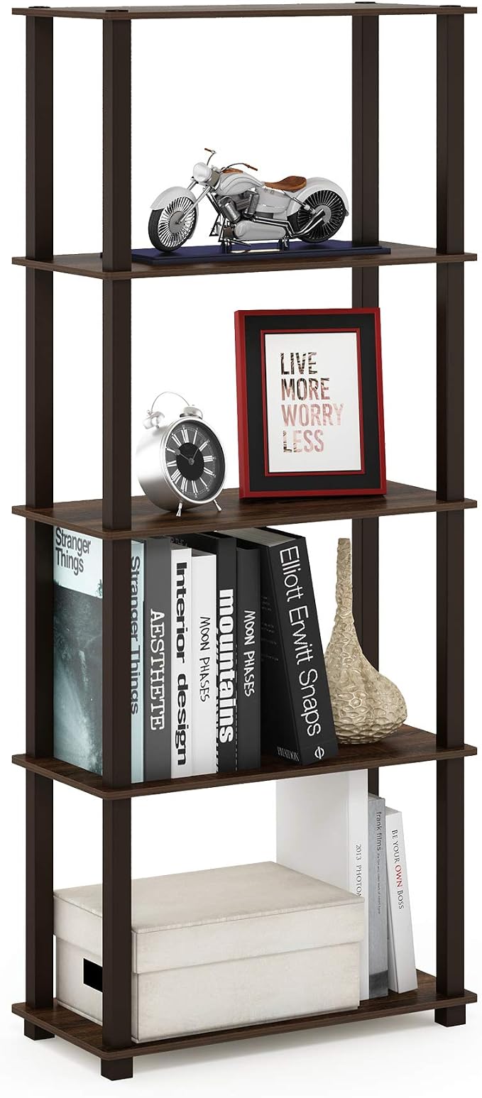 Furinno TURN-S-TUBE Book Shelf, 5-Tier Toolless Storage Shelves with Square Tubes, Shelving Unit for Organization and Storage for Living Room, Home Office, Walnut