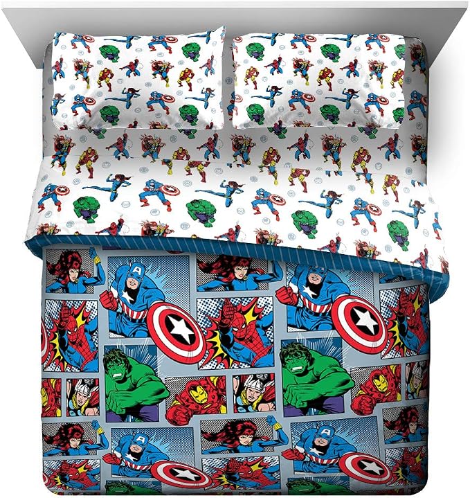 Marvel Comics Iron Man Queen Comforter Set 5 Piece Kids Bedding, Multi | Hulk Captain America, Bed in a Bag, Comforter Sheets Pillowcases, Soft Microfiber, Machine Washable, Boys Gift