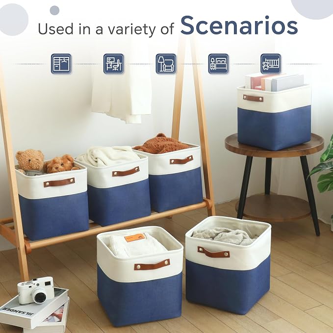 FinishingBo 11 inch Cube Storage Bin 6 Pack, Cube Organizer Bins | Fabric Storage Bins With Handles, 11x11 Storage Cubes, Shelf Basket, White/ Blue