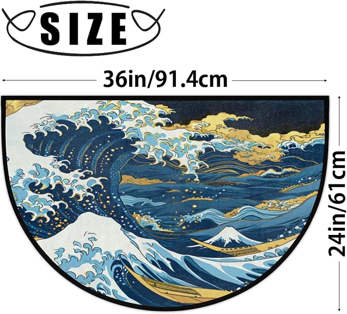 cfpolar Half Round Door Mat Semi Circle Non-Slip Bathroom Floor Rug, Big Wave Japanese Outdoor Welcome Entrance Way Mat Indoor Absorbent Kitchen Mat for Home,Garage,Patio,Bedroom 36" x 24"