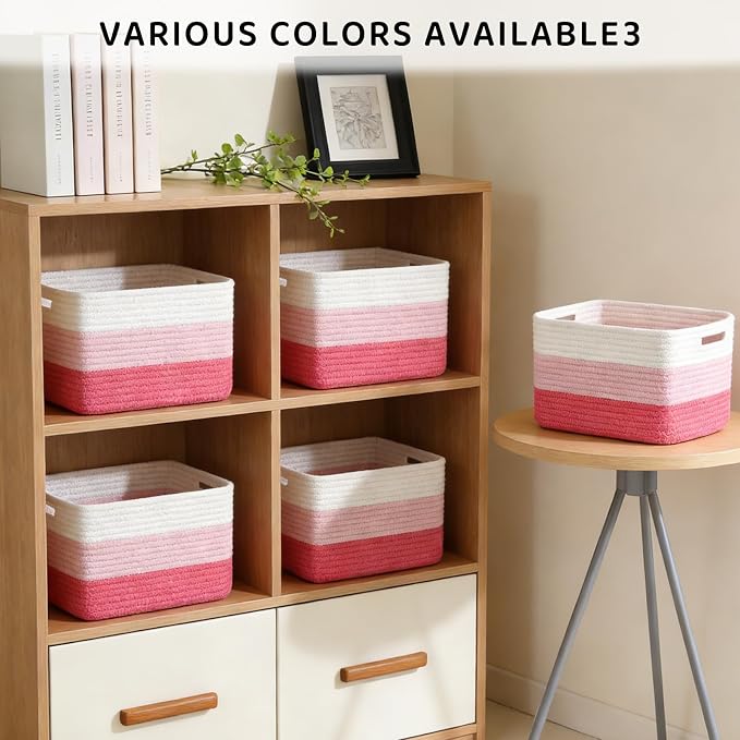 4 Pack Storage Baskets for Organizing, 11''Lx9''Wx8''H Woven Baskets for Storage Toys, Towels, Books, and Clothes, Cotton Rope Basket for Shelves with Handle