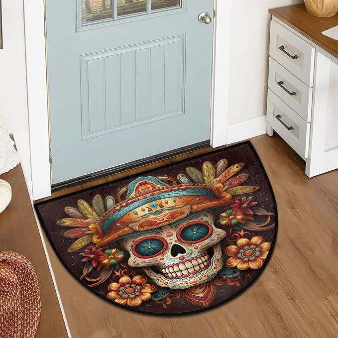 Flower Skull Half Round Door Mat Non Slip Half Circle Rugs | Ethnic Goth Washable Half Moon Rug Semi Circle Rugs Indoor Entrance Floor Carpet for Kithen Bedroom Fireplace Decor