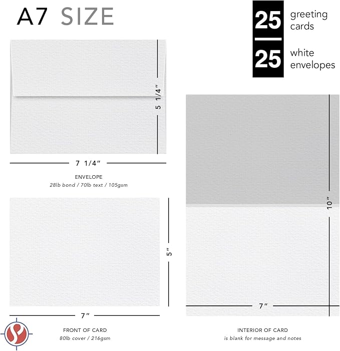 Linen Textured Greeting Cards Set – 5" x 7" Blank White Cardstock & Envelopes – Customized Personalized Cards for Business, Holidays, Birthdays, Wedding Invitations, All Occasion – 25 per Pack