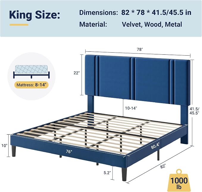 Allewie King Size Platform Bed Frame with Adjustable Headboard | Plush Velvet Upholstered, Vertical Channel Tufted, Sturdy Wood Slats, No Box Spring Needed, Easy Assembly, Blue