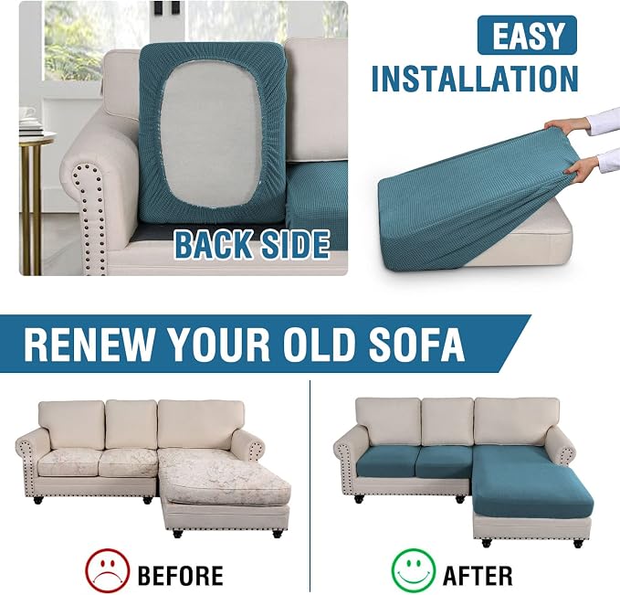 H.VERSAILTEX Sectional Couch Covers 3 Pieces Sofa Seat Cushion Covers L Shape Separate Cushion Couch Chaise Cover for Both Left/Right Sectional Couch (Seat Only: 1 Chaise + 2 Sofa, Storm Blue)