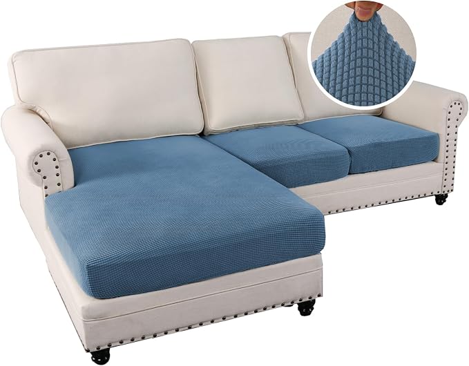 H.VERSAILTEX Sectional Couch Covers 3 Pieces Sofa Seat Cushion Covers L Shape Separate Cushion Couch Chaise Cover for Both Left/Right Sectional Couch (Seat Only: 1 Chaise + 2 Sofa, Dusty Blue)
