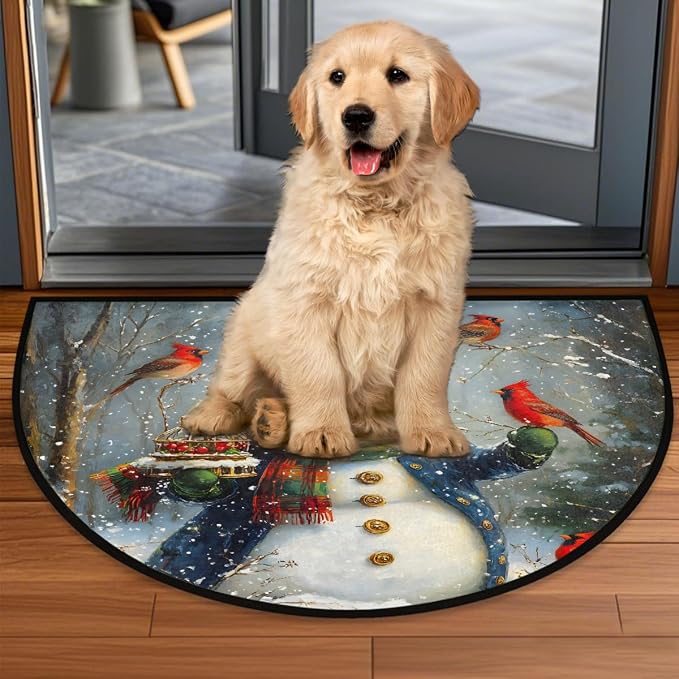 Christmas Xmas Half Round Door Mat Christmas Cardinal Cute Snowman Half Moon Rug Washable Half Circle Area Rugs Indoor Entrance Non Slip Semi Circle Rugs Floor Carpet for Kithen Bedroom Decorate Gift