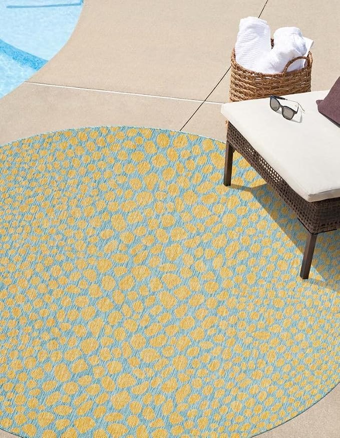 Unique Loom Jill Zarin Jill Zarin Outdoor Collection Area Rug - Cape Town (3' 3" Round, Yellow and Aqua/Light Blue)