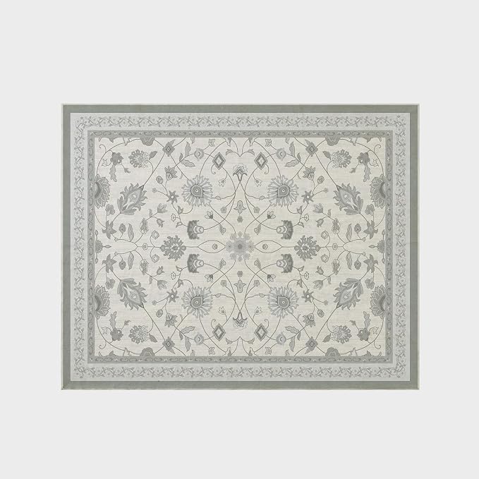 EVERGRACE Area Rugs for Living Room 8x10, Boho Floral Faux Wool Indoor Outdoor Rugs, Washable Rugs for Bedroom Dining Room Entryway Kitchen, Low Pile Floor Mat Carpet for Home Decor, Cool Gray