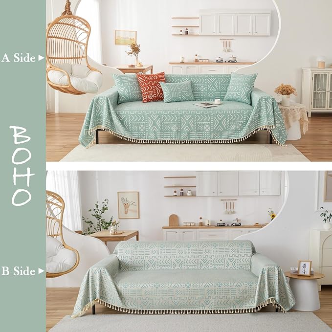 HANDONTIME Farmhouse Sofa Covers - Light Green Aztec Couch Covers for 3 Cushion Sectional Couch, 71" X 118
