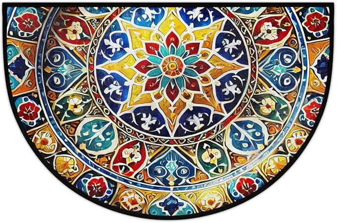 Half Round Doormat Mandala Ethnic Boho Washable Semi Circle Mat Non Slip Absorbent Half Moon Rugs for Indoor Outdoor Entrance Kitchen Bathroom Bedroom Patio Fireplace Floor Carpet Decor