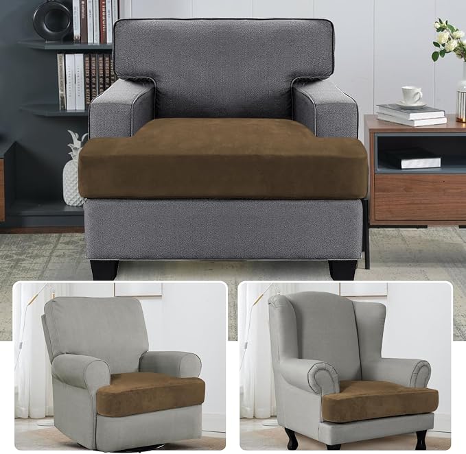 H.VERSAILTEX Stretch Velvet T Cushion Chair Covers for Living Room Armchair Sofa Cover Couch Cover Slipcover T Cushion Seat Cover Stay with Elastic Bands (Armchair, Bronze Brown)