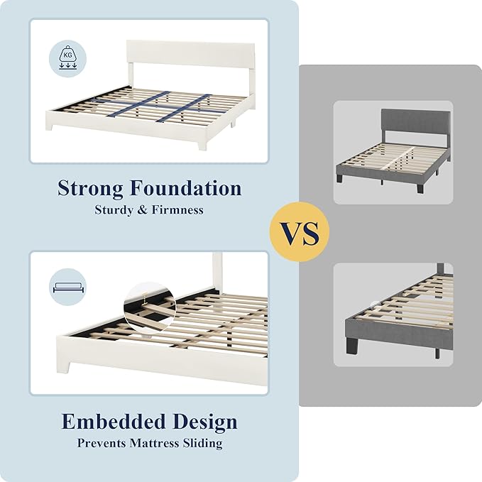 Allewie King Size Upholstered Bed Frame Adjustable Headboard, White | Platform Bed with Heavy Duty Mattress Foundation, Noise-Free, Easy Assembly, Wood Slat Support, No Box Spring Needed