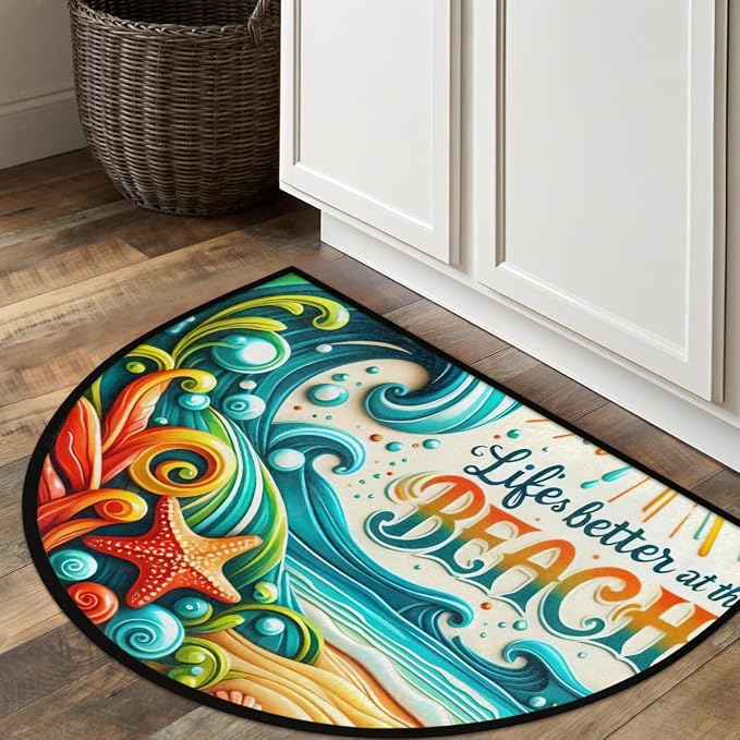 Beach Sea Summer Half Round Door Mat Non-Slip Semi Circle Rug Washable Half Moon Floor Rug Absorbent Bathroom Area Rugs for Outdoor Indoor Fireplace Mat Entryway Kitchen Decor Rugs
