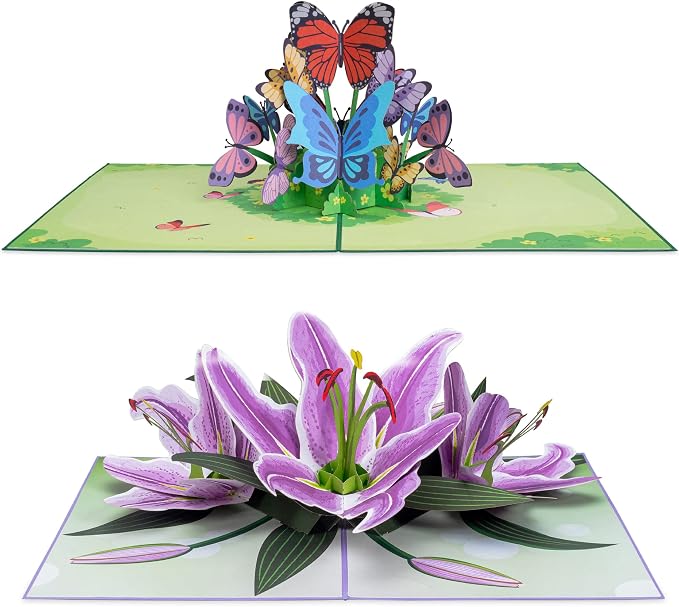 Paper Love Pop Up Cards 2 Pack - Includes 1 Butterflies and 1 Purplies Lilies, For All Occasions, Mother Day, Birthday, Just Because- Includes Envelope and Note Tag