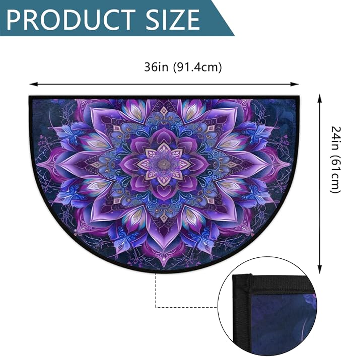 Pardick Purple Mandala Half Round Doormat Semi Circle Rug Non Slip Indoor Outdoor Entrance Half Moon Rug Absorbent Durable Washable Front Floor Mat for Kitchen Bathroom Patio Fireplace