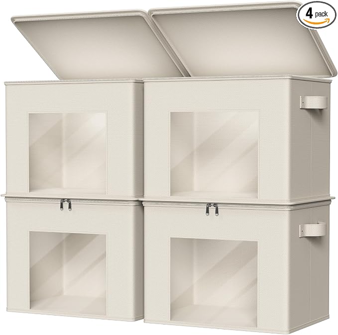 Zilink Fabric Storage Bins with Lid Sweater Closet Organizer, Beige,4 Pack | Stackable, Smooth Zipper, Clear Window, Cloth Storage Bins, Closet Organizers and Storage Box for Home, Office, Bedroom