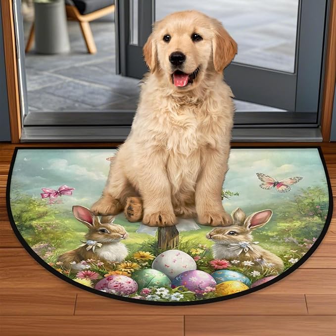 Easter Rabbit Half Round Rug Half Moon Door Mat Half Circle Rugs | Eggs Holiday Washable Non-Slip Semi Circle Rug Welcome Half Round Door Mat Indoor Entrance Kitchen Bedroom Living Room Decor