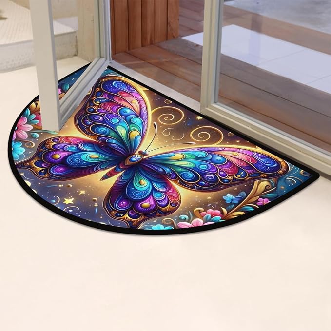 Colorful Butterfly Flowers Half Round Mat Half Moon Door Rug Washable Durable Semi Circle Carpet Floor mats for Indoor Outdoor Bathroom Kitchen Patio Hearth Rug Laundry Room Home Decoration