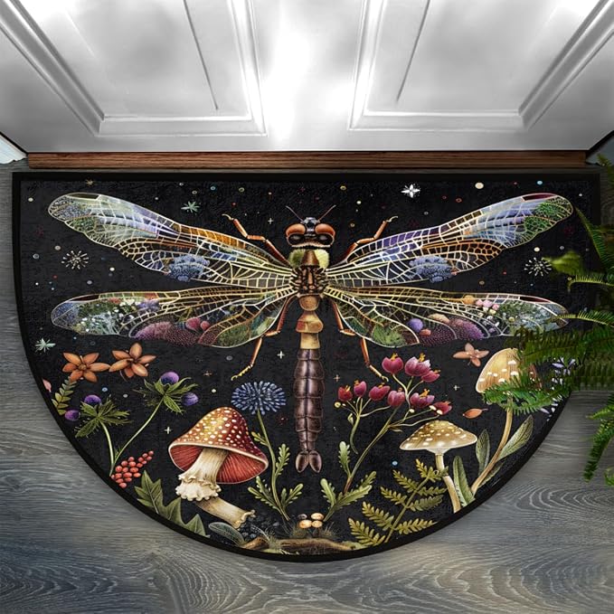 Half Round Doormat Animal Dragonfly Flower Non Slip Half Circle Area Rugs Indoor Washable Half Moon Rug Semi Circle Bathroom Runner Mat Entrance Floor Carpet for Kithen Bedroom Fireplace Decor