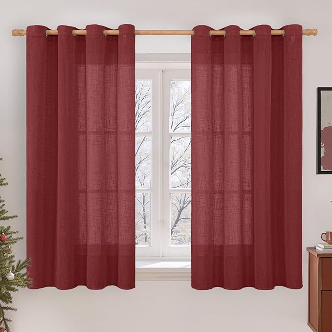LAMIT Burgundy Red Semi Sheer Linen Curtains 45 Inches Long, Light Filtering by LAMIT