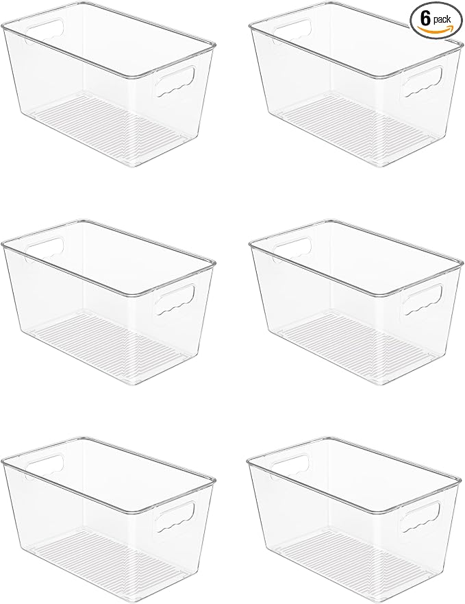 Vtopmart 6 Pack Clear Storage Bins, Pantry Cabinet Organizer Bins, Medium | Plastic Pantry Storage Bins with Handle, Storage Containers for Fridge, Cabinet, Kitchen, Countertops, Cupboard, Freezer