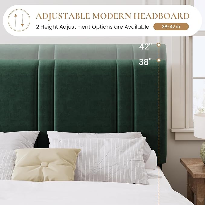 SHA CERLIN California King Bed Frame, Velvet Upholstered Bed with Adjustable Headboard, Vertical Channel Tufted Design, Sturdy Wood Slat Support, No Box Spring Needed, Easy Assembly, Green