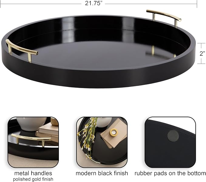 Kate And Laurel Lipton Modern Round Ottoman Tray; 22 Inch Diameter; Black and Gold; Decorative Circle Coffee Table Tray for Living Room Decor or Large Serving Tray