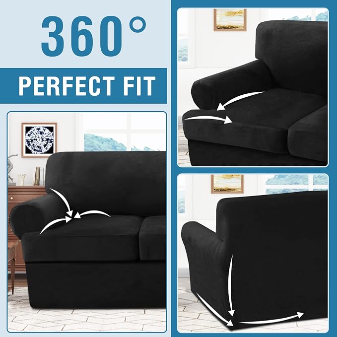 H.VERSAILTEX Sofa Cover 3 Piece T Cushion Loveseat Slipcovers Thick Velvet Couch Cover Furniture Protector Stretch T Cushion Sofa Covers for 2 Cushion Couch with 2 Individual T Cushion Covers, Black