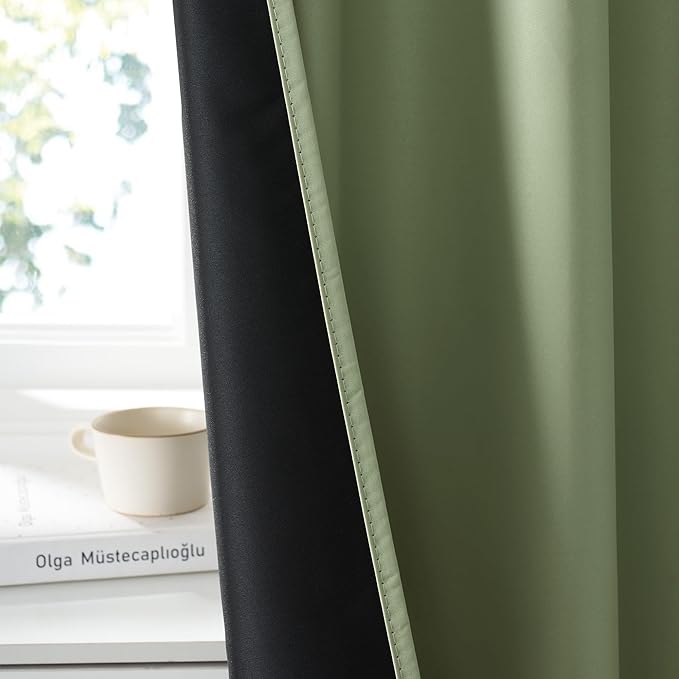 RYB HOME 100% Blackout Basement Curtains 30 inches Long, Heat & UV Blocking Total Room Darkening Noise Reducing Curtains for Bathroom RV Campers, Sage Green, 2 Panels Set
