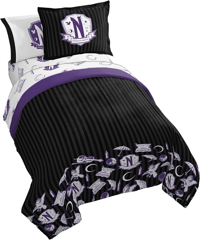 Wednesday Addams Full Size Comforter Set 7 Piece Gothic Bedding, Black | Bed in a Bag, Comforter Sheets Shams Pillowcases, Official Product, Soft Microfiber, Machine Washable, Girls Gift