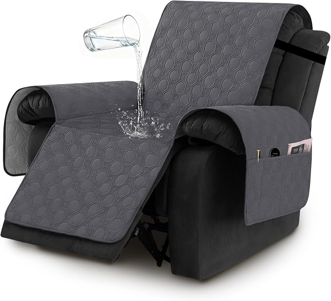 H.VERSAILTEX 100% Waterproof Recliner Chair Covers, Recliner Covers Non-Slip Stay in Place, Thick Cover for Recliner Chair with Pocket, Dog Couch Cover Protector Washable(Grey, 23")
