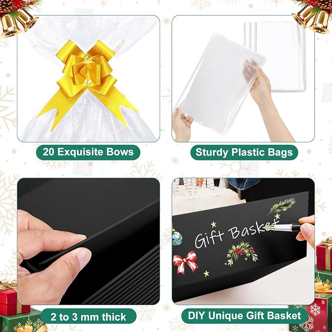 AFOROEOA 6PACK Black Baskets For Gifts Empty, 10x12”Thick Black Gift Basket with 6 Bows 6 Bags Empty Gift Baskets for Christmas Thanksgiving Wedding Birthday Party Wrapping Gift
